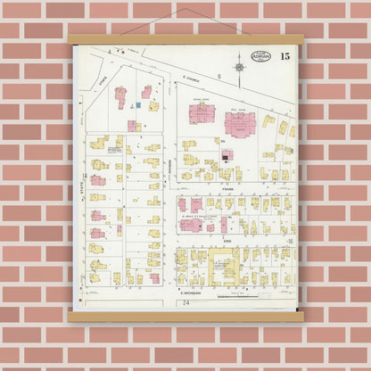 Old map wall art mockup — magnetic wood frame on brick wall — Sanborn Fire Insurance Map from Adrian, Lenawee County, Michigan (1916), Sheet #0015