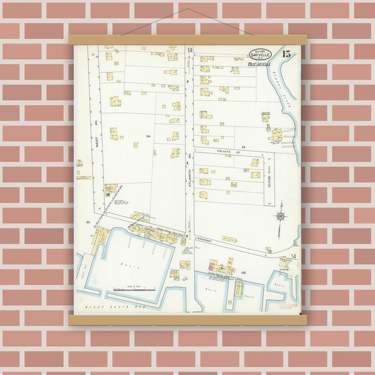Old map wall art mockup — magnetic wood frame on brick wall — Sanborn Fire Insurance Map from Sayville, Suffolk County, New York (1915), Sheet #0015