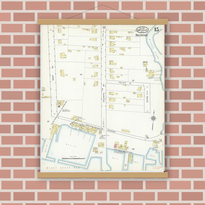 Old map wall art mockup — magnetic wood frame on brick wall — Sanborn Fire Insurance Map from Sayville, Suffolk County, New York (1915), Sheet #0015