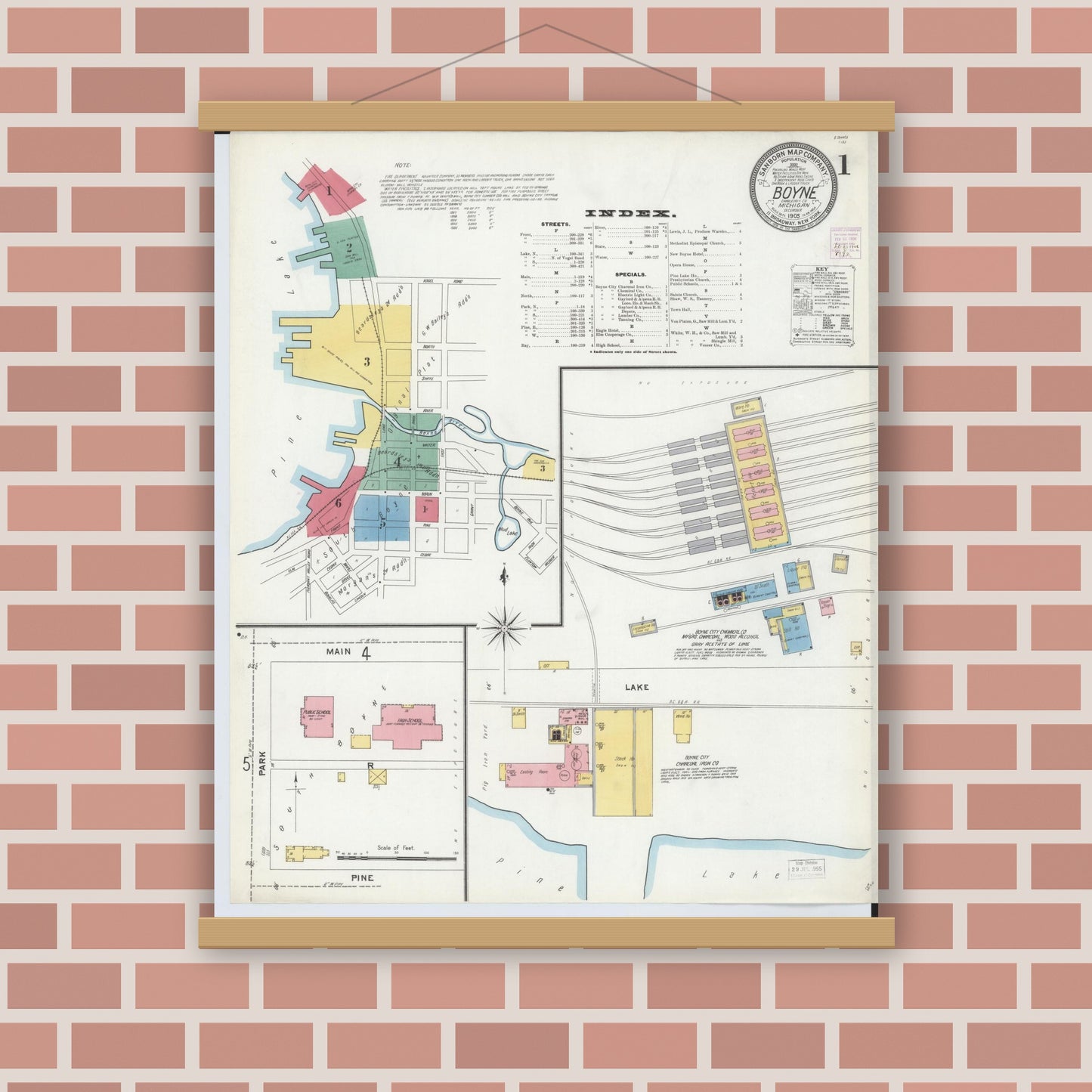 Old map wall art mockup — magnetic wood frame on brick wall — Sanborn Fire Insurance Map from Boyne City, Charlevoix County, Michigan (1905) - Complete Map Set