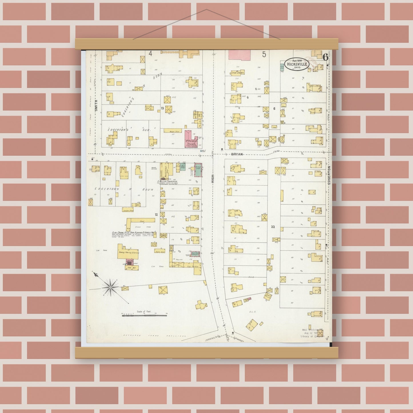 Old map wall art mockup — magnetic wood frame on brick wall — Sanborn Fire Insurance Map from Hicksville, Defiance County, Ohio (1899), Sheet #0006