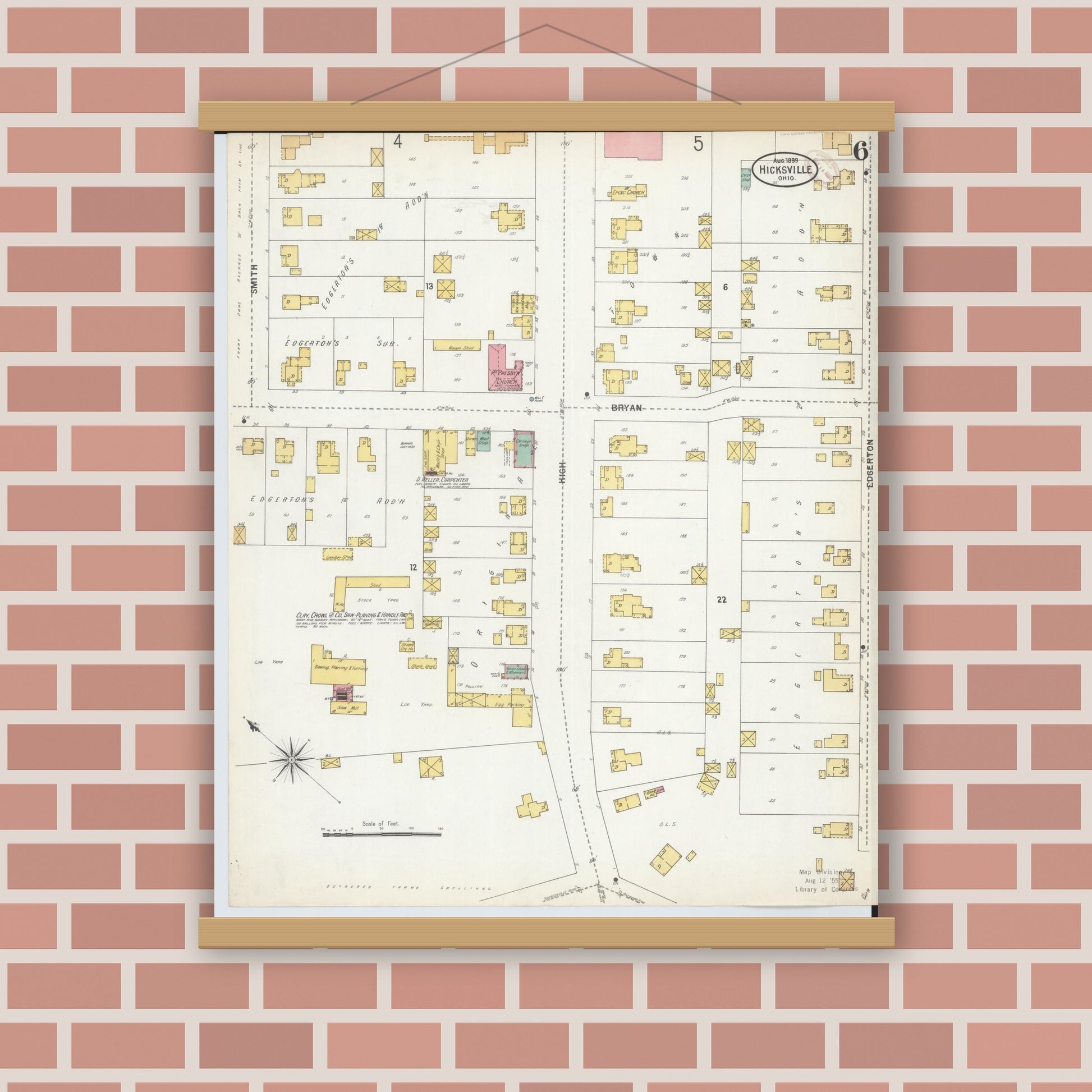 Old map wall art mockup — magnetic wood frame on brick wall — Sanborn Fire Insurance Map from Hicksville, Defiance County, Ohio (1899), Sheet #0006