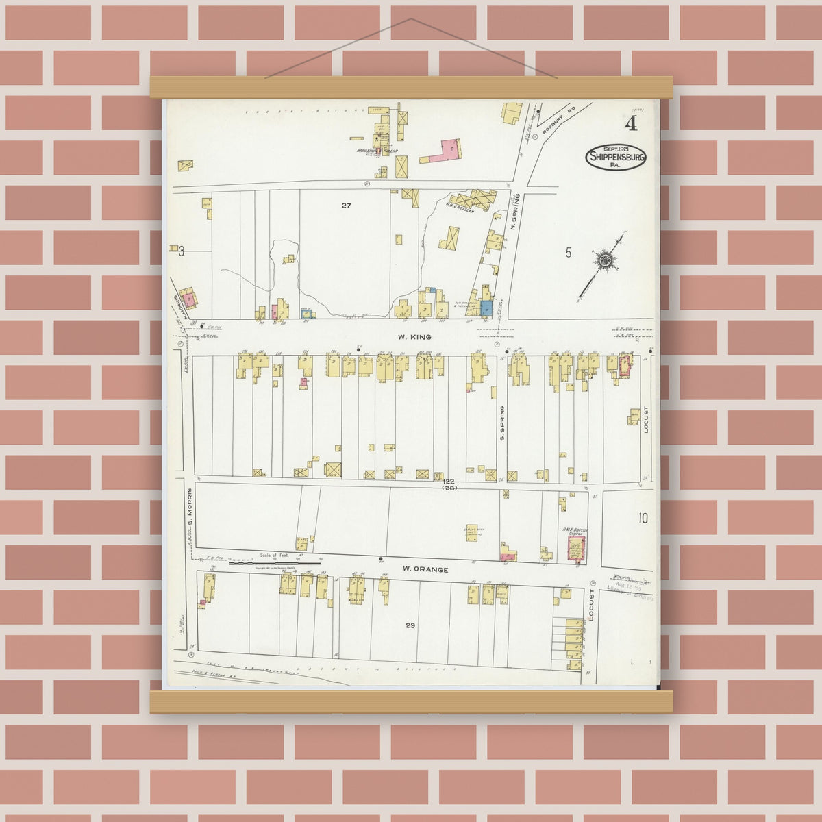 Old map wall art mockup — magnetic wood frame on brick wall — Sanborn Fire Insurance Map from Shippensburg, Cumberland And Franklin Counties, Pennsylvania (1921), Sheet #0004