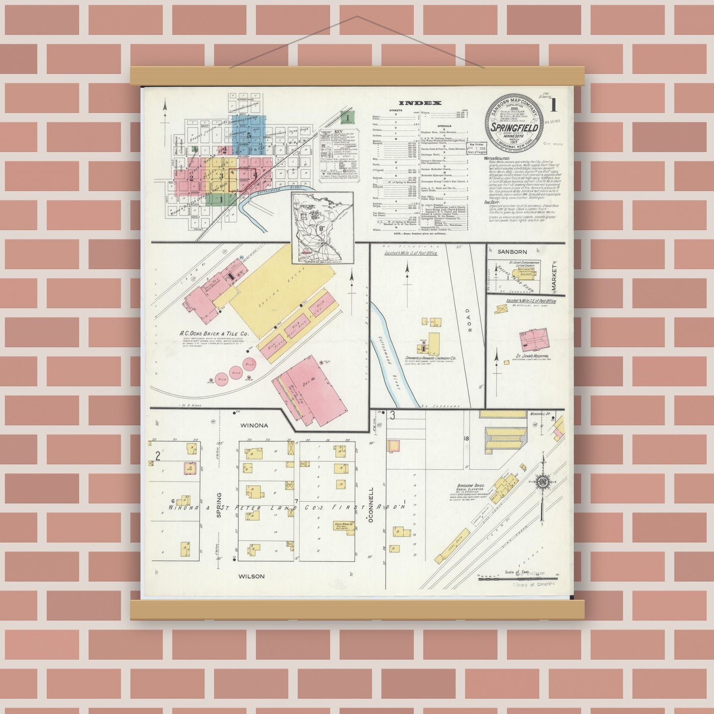 Old map wall art mockup — magnetic wood frame on brick wall — Sanborn Fire Insurance Map from Springfield, Brown County, Minnesota (1917) - Complete Map Set