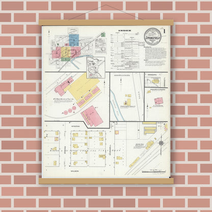 Old map wall art mockup — magnetic wood frame on brick wall — Sanborn Fire Insurance Map from Springfield, Brown County, Minnesota (1917) - Complete Map Set