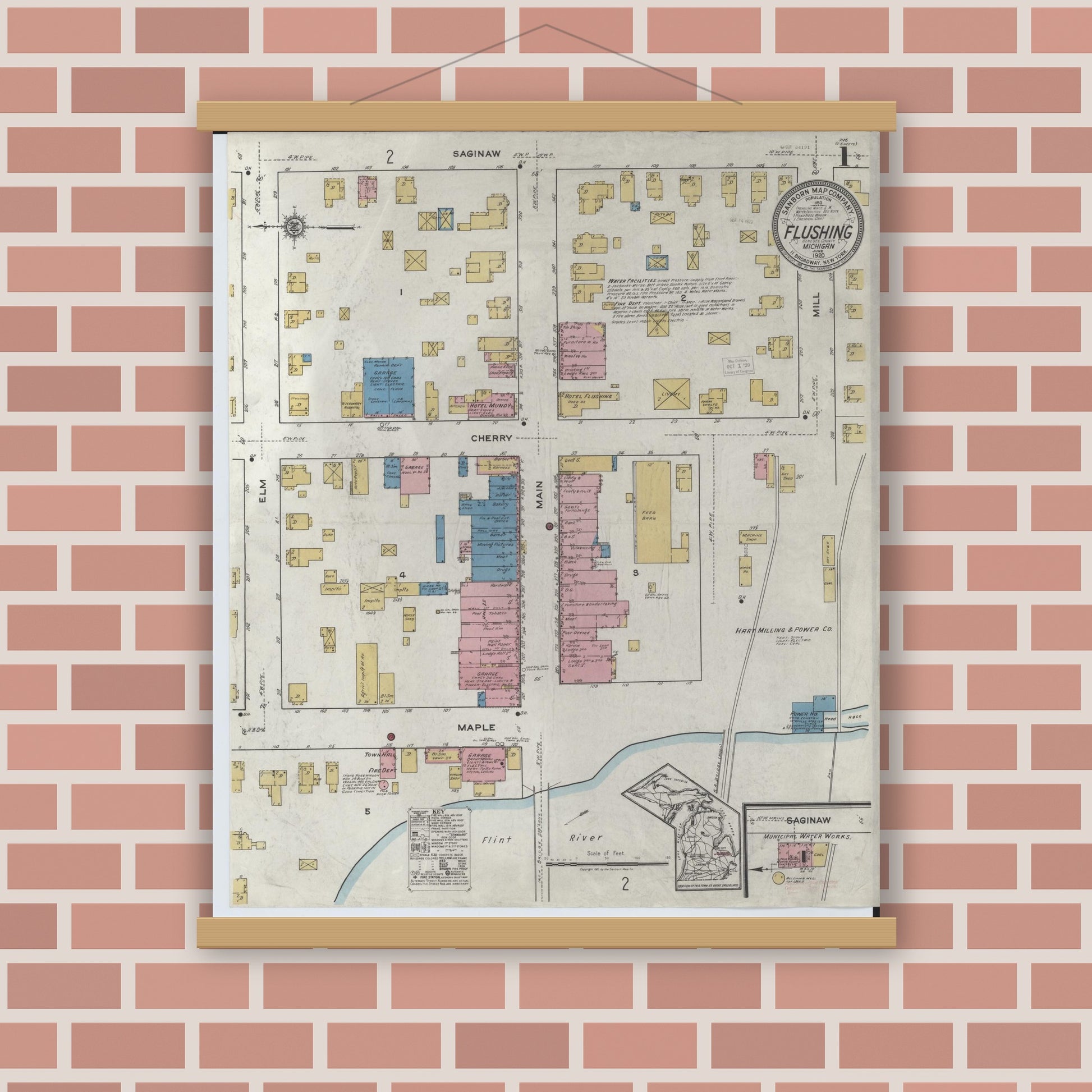 Old map wall art mockup — magnetic wood frame on brick wall — Sanborn Fire Insurance Map from Flushing, Genesee County, Michigan (1920), Sheet #0001