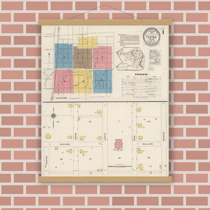 Old map wall art mockup — magnetic wood frame on brick wall — Sanborn Fire Insurance Map from Tioga, Grayton County, Texas (1922) - Complete Map Set