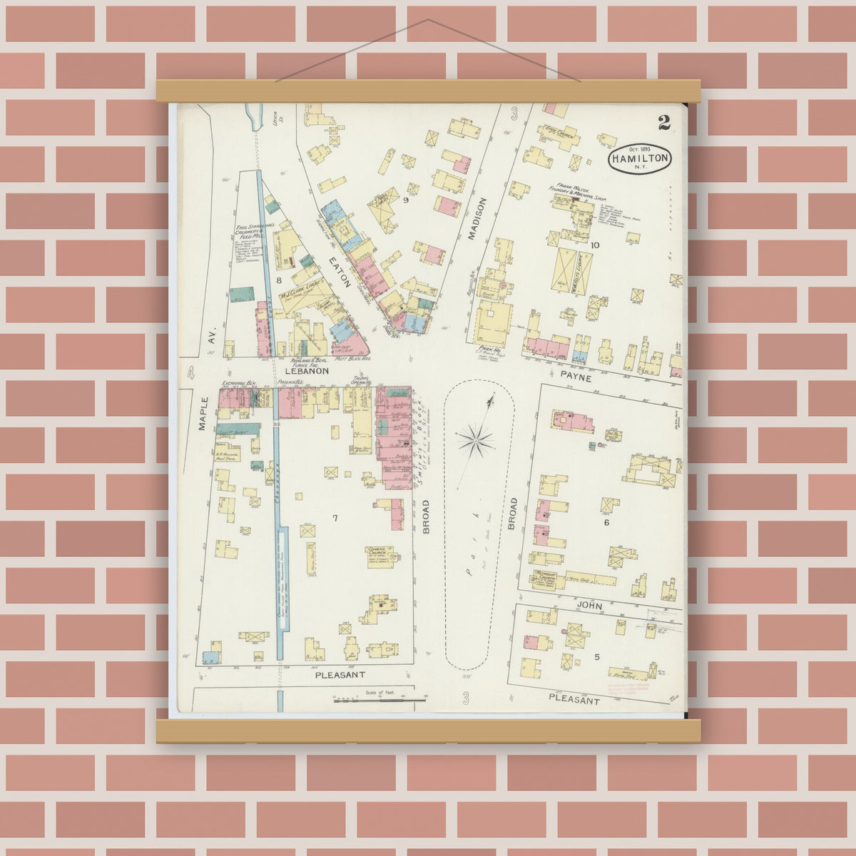 Old map wall art mockup — magnetic wood frame on brick wall — Sanborn Fire Insurance Map from Hamilton, Madison County, New York (1893), Sheet #0002