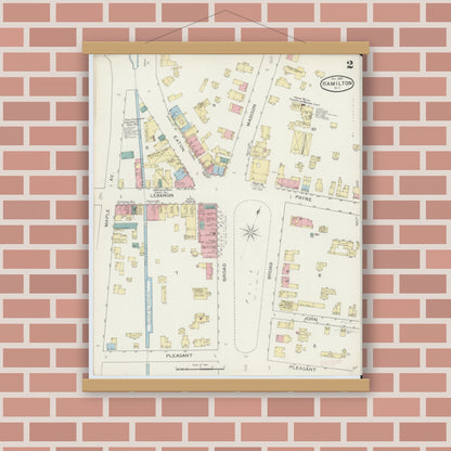 Old map wall art mockup — magnetic wood frame on brick wall — Sanborn Fire Insurance Map from Hamilton, Madison County, New York (1893), Sheet #0002