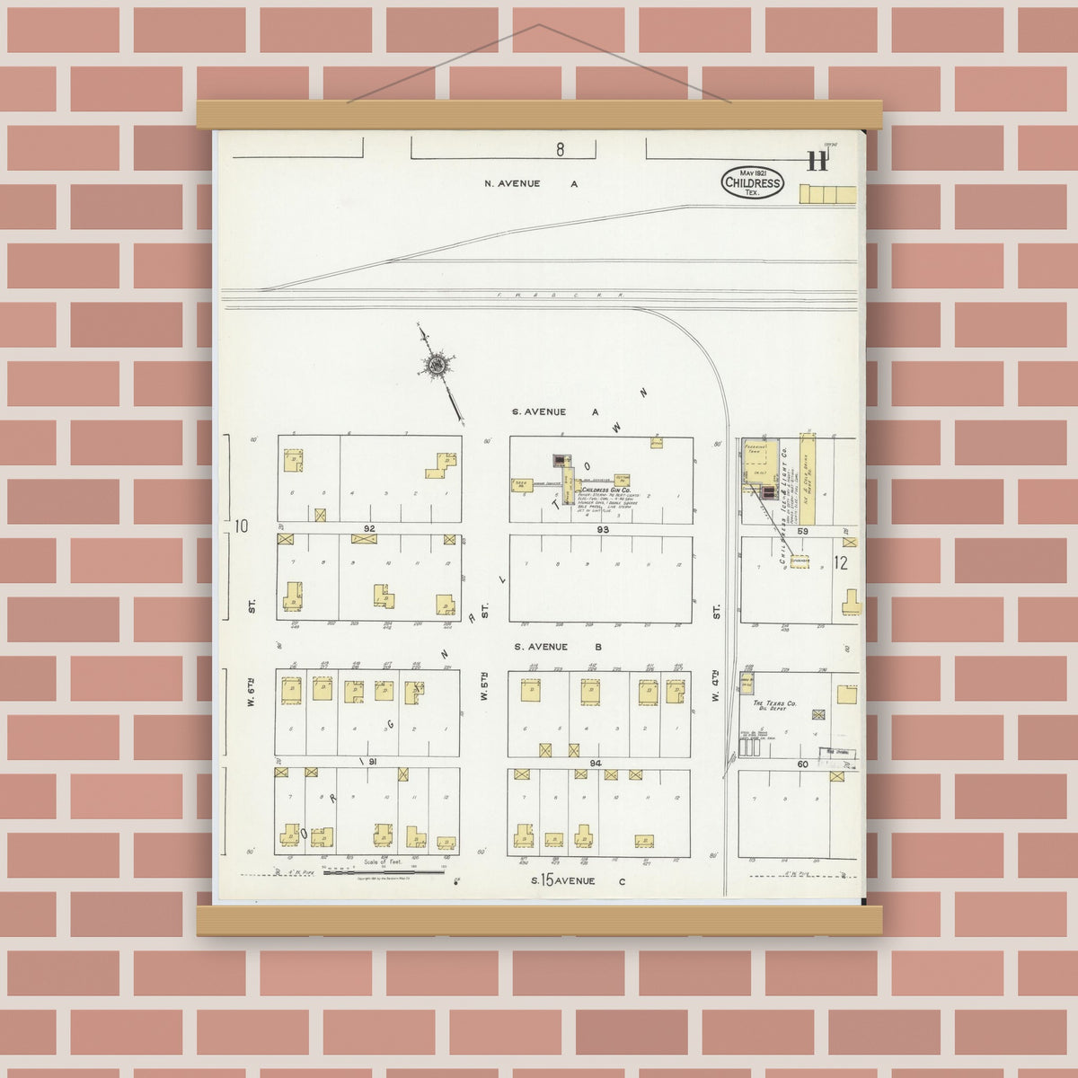 Old map wall art mockup — magnetic wood frame on brick wall — Sanborn Fire Insurance Map from Childress, Childress County, Texas (1921), Sheet #0011