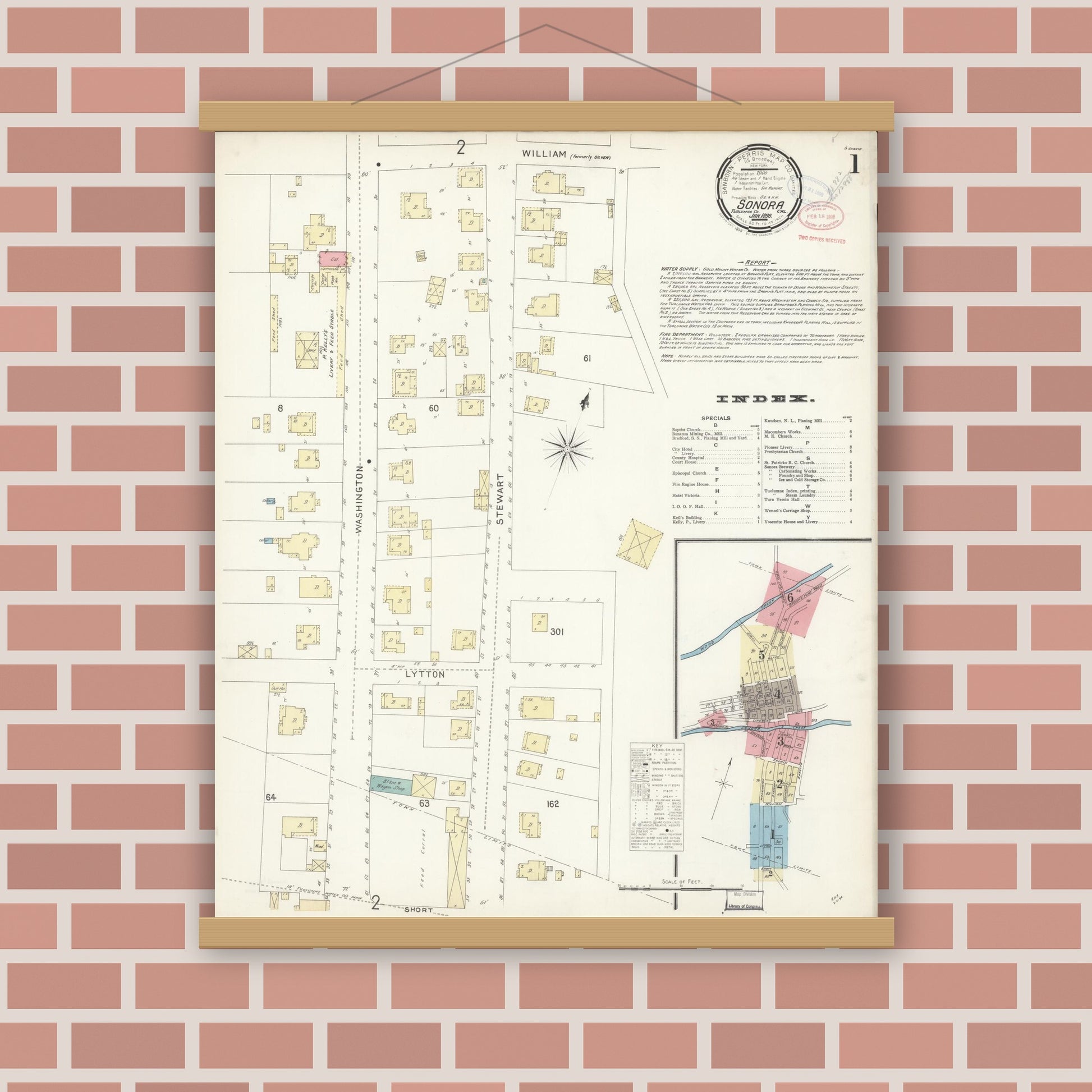 Old map wall art mockup — magnetic wood frame on brick wall — Sanborn Fire Insurance Map from Sonora, Tuolumne County, California (1898) - Complete Map Set