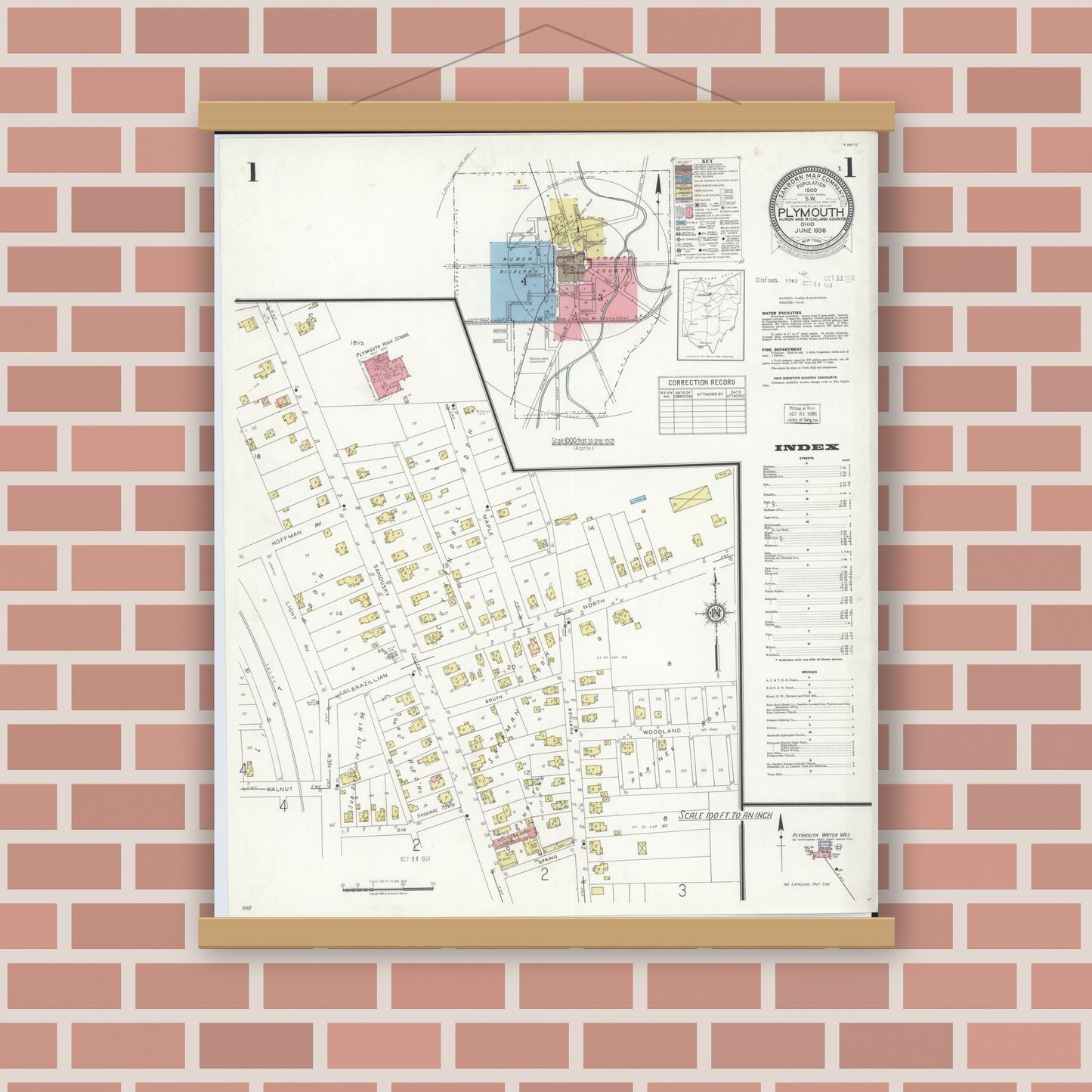 Old map wall art mockup — magnetic wood frame on brick wall — Sanborn Fire Insurance Map from Plymouth, Huron And Richland Counties, Ohio (1938) - Complete Map Set