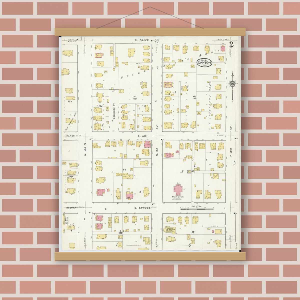 Old map wall art mockup — magnetic wood frame on brick wall — Sanborn Fire Insurance Map from Canton, Fulton County, Illinois (1917), Sheet #0002