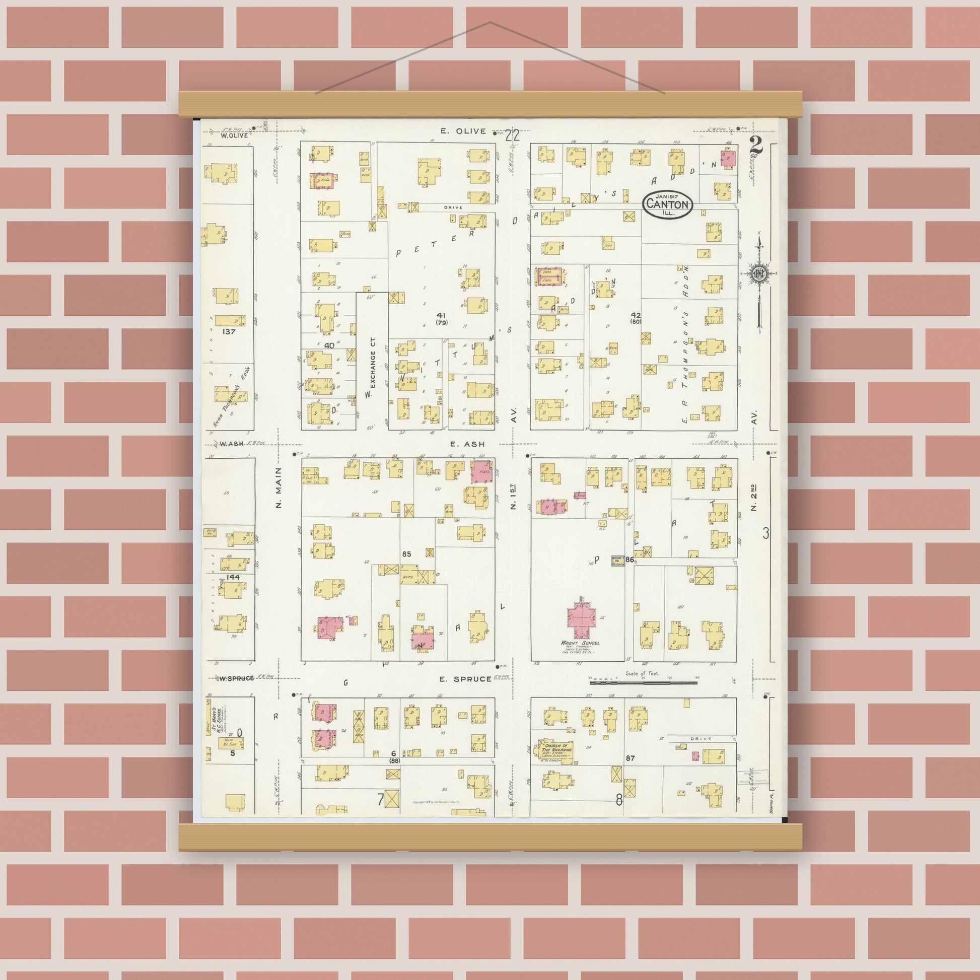 Old map wall art mockup — magnetic wood frame on brick wall — Sanborn Fire Insurance Map from Canton, Fulton County, Illinois (1917), Sheet #0002