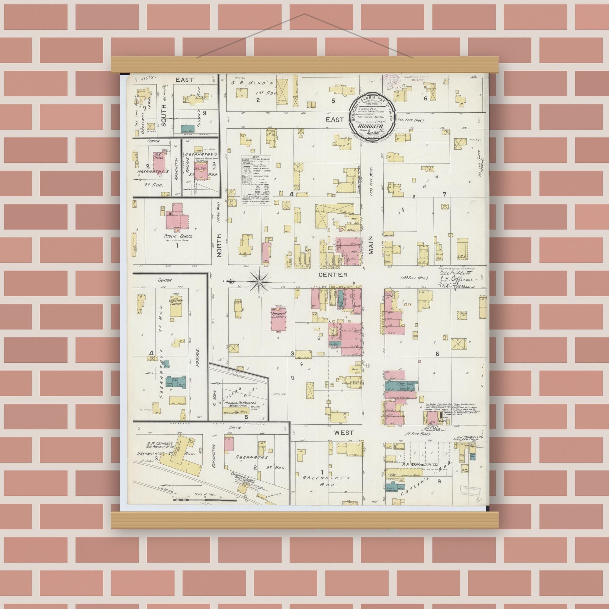 Old map wall art mockup — magnetic wood frame on brick wall — Sanborn Fire Insurance Map from Augusta, Hancock County, Illinois (1893), Sheet #0001