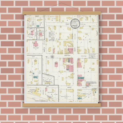 Old map wall art mockup — magnetic wood frame on brick wall — Sanborn Fire Insurance Map from Augusta, Hancock County, Illinois (1893), Sheet #0001