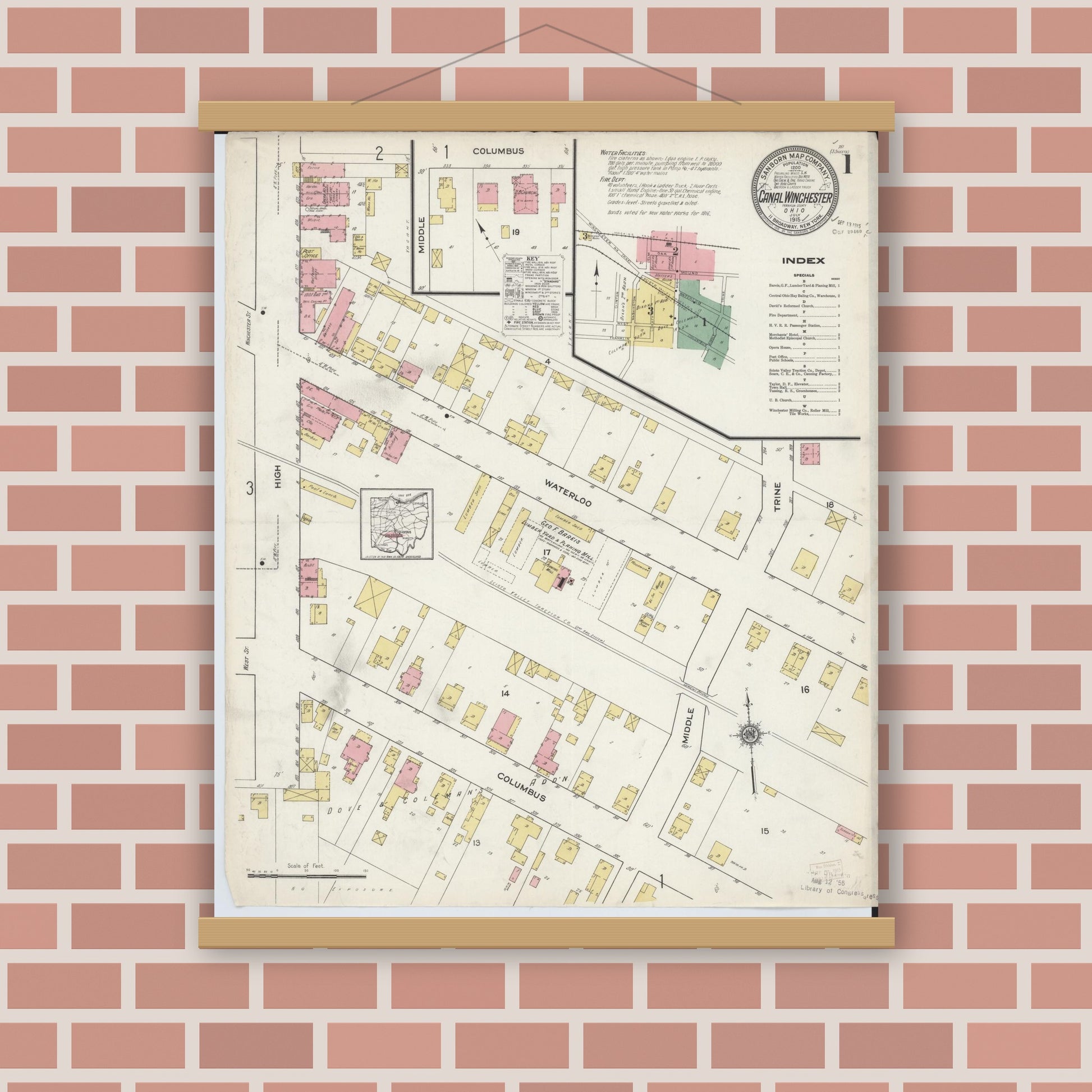 Old map wall art mockup — magnetic wood frame on brick wall — Sanborn Fire Insurance Map from Canal Winchester, Franklin County, Ohio (1915) - Complete Map Set