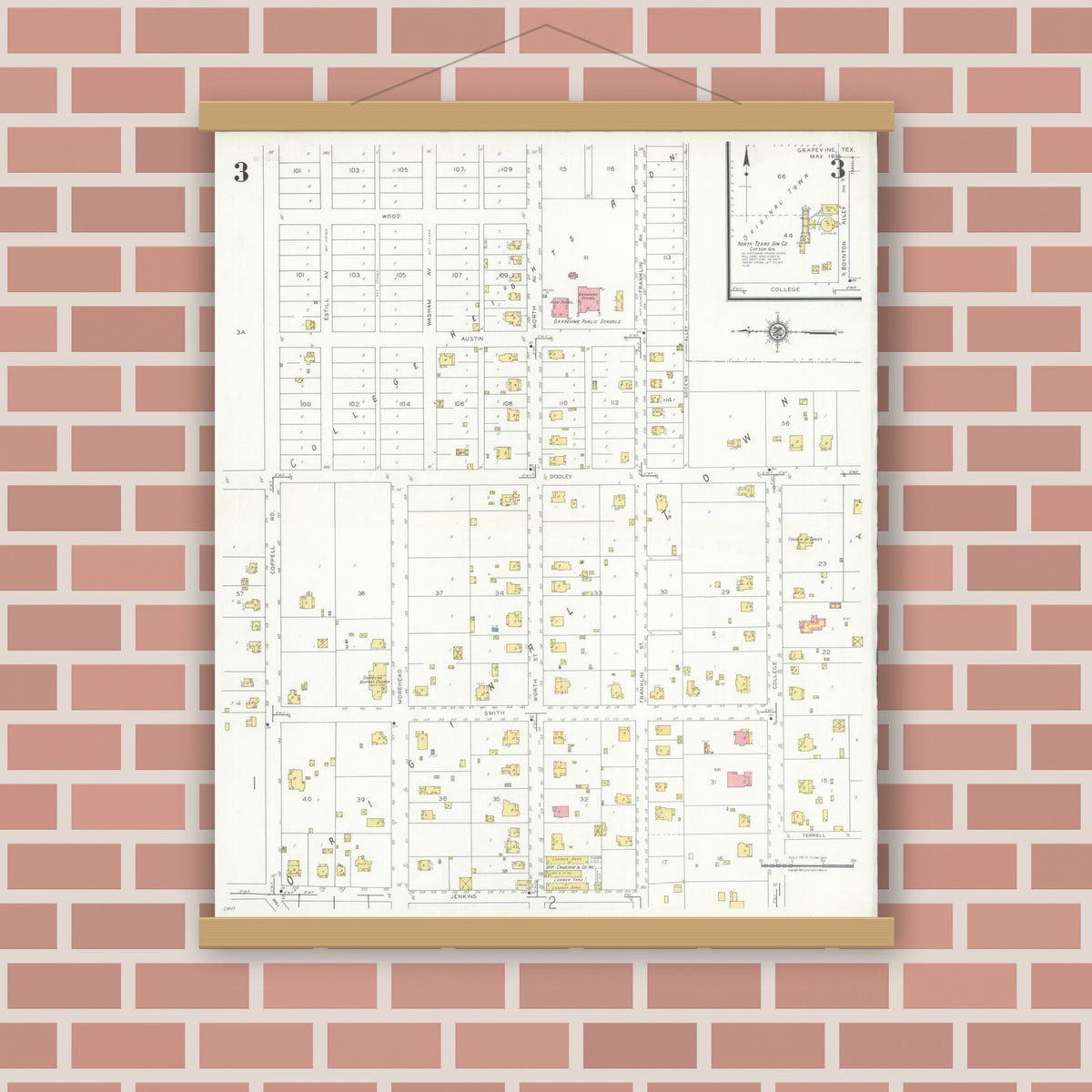 Old map wall art mockup — magnetic wood frame on brick wall — Sanborn Fire Insurance Map from Grapevine, Tarrant County, Texas (1935), Sheet #0003