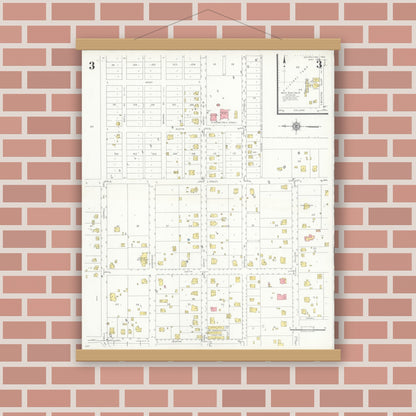 Old map wall art mockup — magnetic wood frame on brick wall — Sanborn Fire Insurance Map from Grapevine, Tarrant County, Texas (1935), Sheet #0003