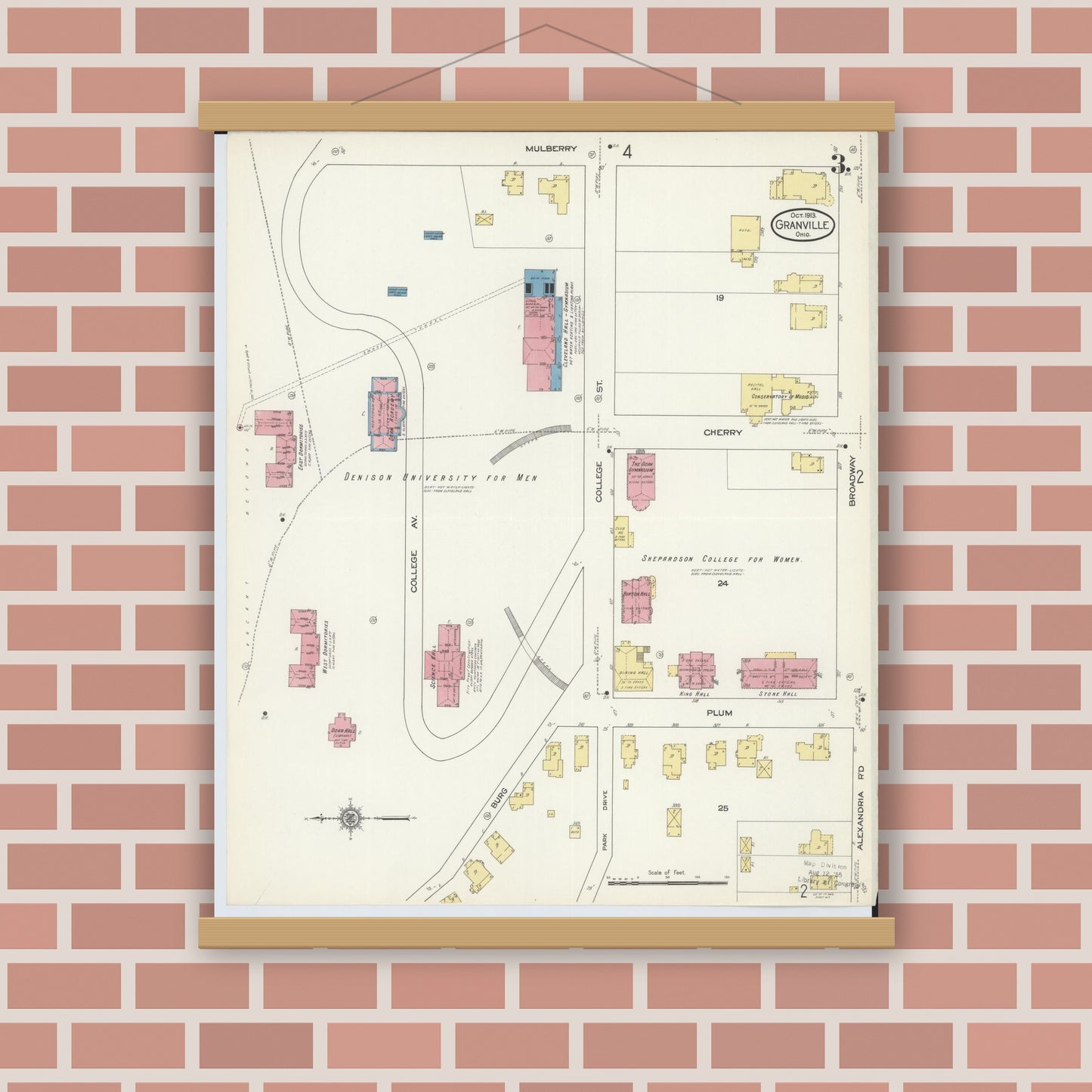 Old map wall art mockup — magnetic wood frame on brick wall — Sanborn Fire Insurance Map from Granville, Licking County, Ohio (1913), Sheet #0003