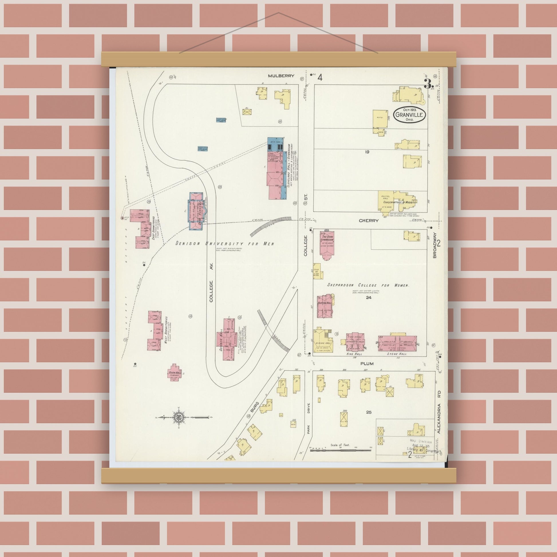 Old map wall art mockup — magnetic wood frame on brick wall — Sanborn Fire Insurance Map from Granville, Licking County, Ohio (1913), Sheet #0003
