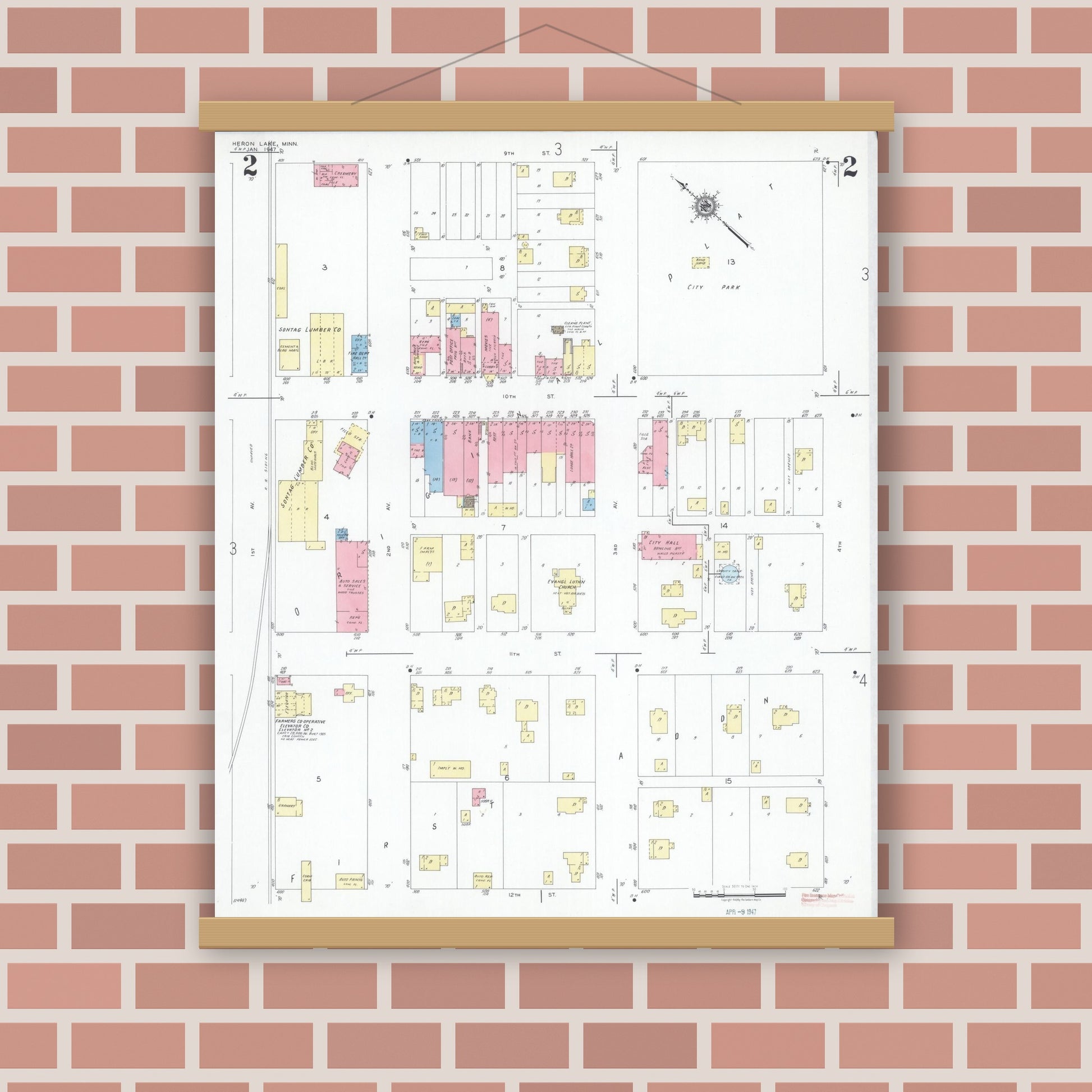Old map wall art mockup — magnetic wood frame on brick wall — Sanborn Fire Insurance Map from Heron Lake, Jackson County, Minnesota (1947), Sheet #0002