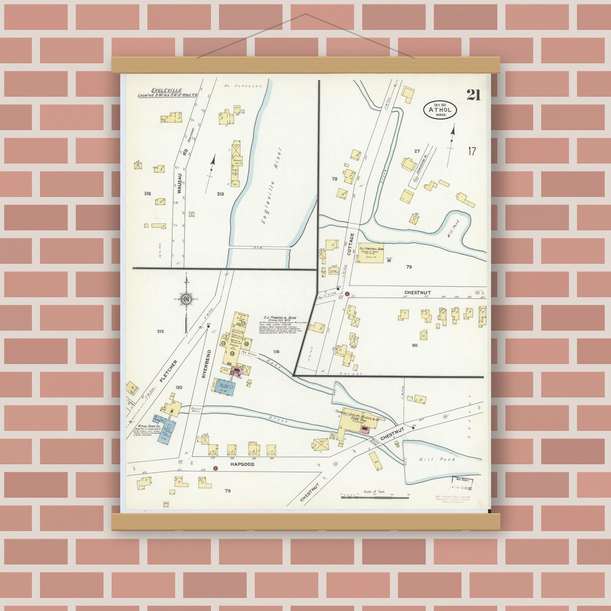 Old map wall art mockup — magnetic wood frame on brick wall — Sanborn Fire Insurance Map from Athol, Worcester County, Massachusetts (1911), Sheet #0021