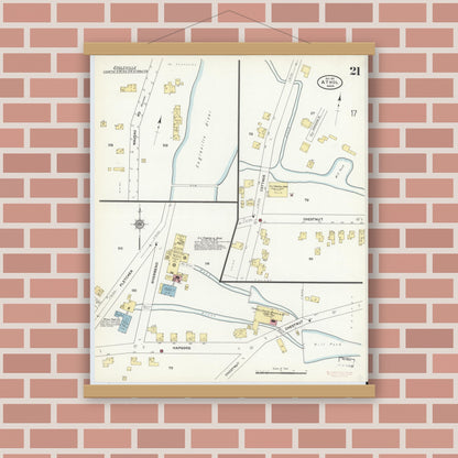 Old map wall art mockup — magnetic wood frame on brick wall — Sanborn Fire Insurance Map from Athol, Worcester County, Massachusetts (1911), Sheet #0021