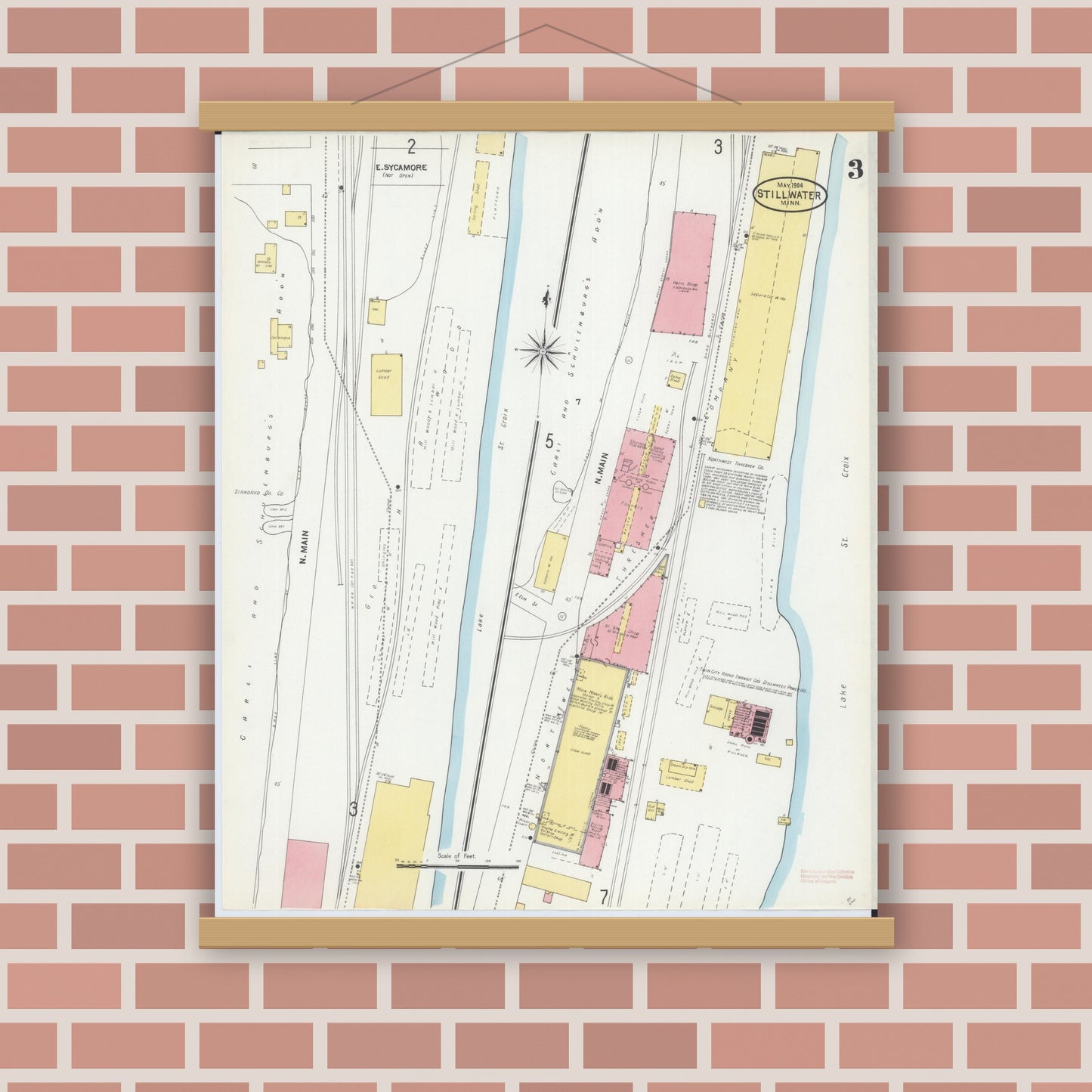 Old map wall art mockup — magnetic wood frame on brick wall — Sanborn Fire Insurance Map from Stillwater, Washington County, Minnesota (1904), Sheet #0003