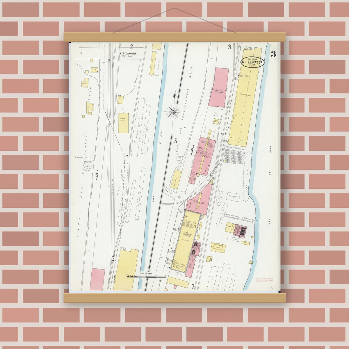 Old map wall art mockup — magnetic wood frame on brick wall — Sanborn Fire Insurance Map from Stillwater, Washington County, Minnesota (1904), Sheet #0003
