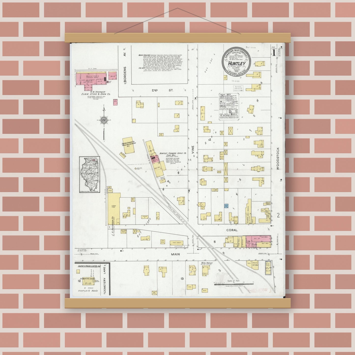 Old map wall art mockup — magnetic wood frame on brick wall — Sanborn Fire Insurance Map from Huntley, McHenry County, Illinois (1919) - Complete Map Set