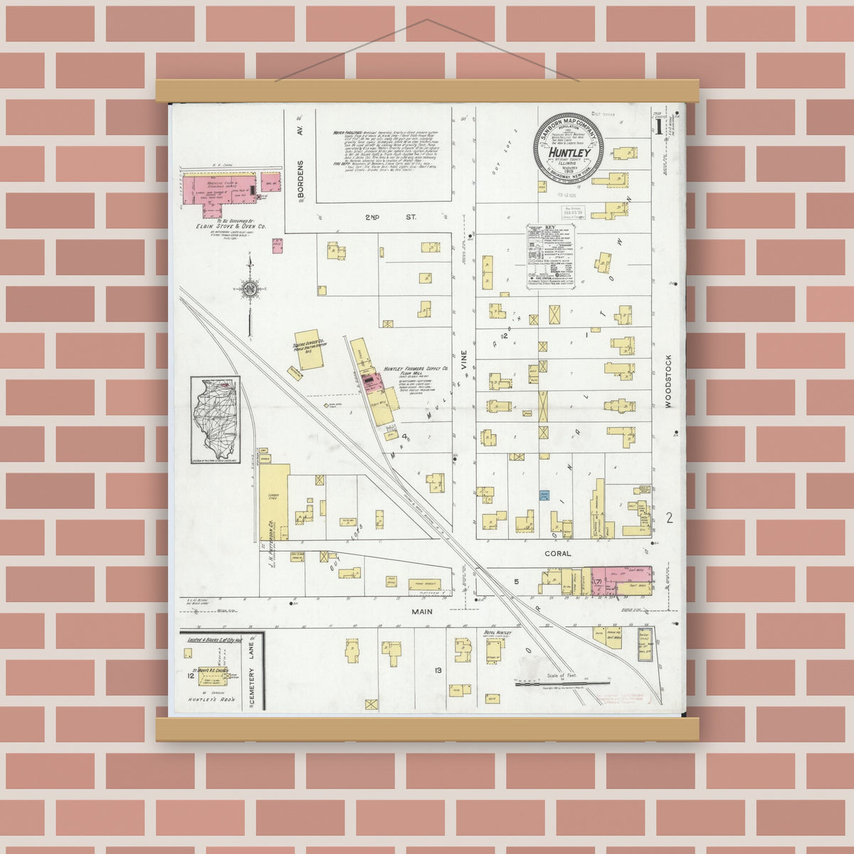 Old map wall art mockup — magnetic wood frame on brick wall — Sanborn Fire Insurance Map from Huntley, McHenry County, Illinois (1919) - Complete Map Set