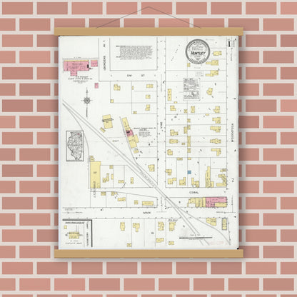 Old map wall art mockup — magnetic wood frame on brick wall — Sanborn Fire Insurance Map from Huntley, McHenry County, Illinois (1919) - Complete Map Set
