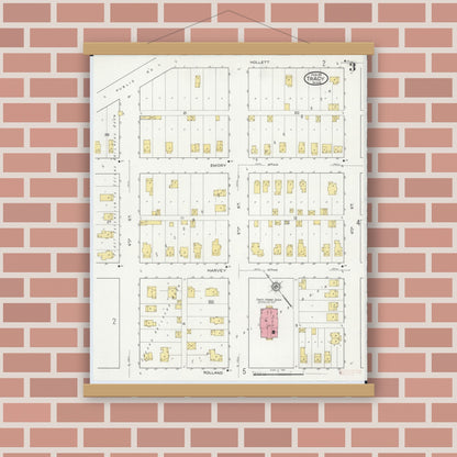 Old map wall art mockup — magnetic wood frame on brick wall — Sanborn Fire Insurance Map from Tracy, Lyon County, Minnesota (1917), Sheet #0003