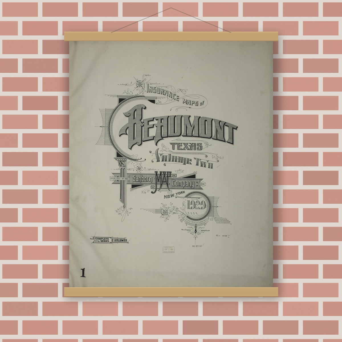 Old map wall art mockup — magnetic wood frame on brick wall — Sanborn Fire Insurance Map from Beaumont, Jefferson County, Texas (1929), Sheet #0001