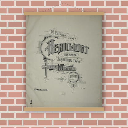 Old map wall art mockup — magnetic wood frame on brick wall — Sanborn Fire Insurance Map from Beaumont, Jefferson County, Texas (1929), Sheet #0001