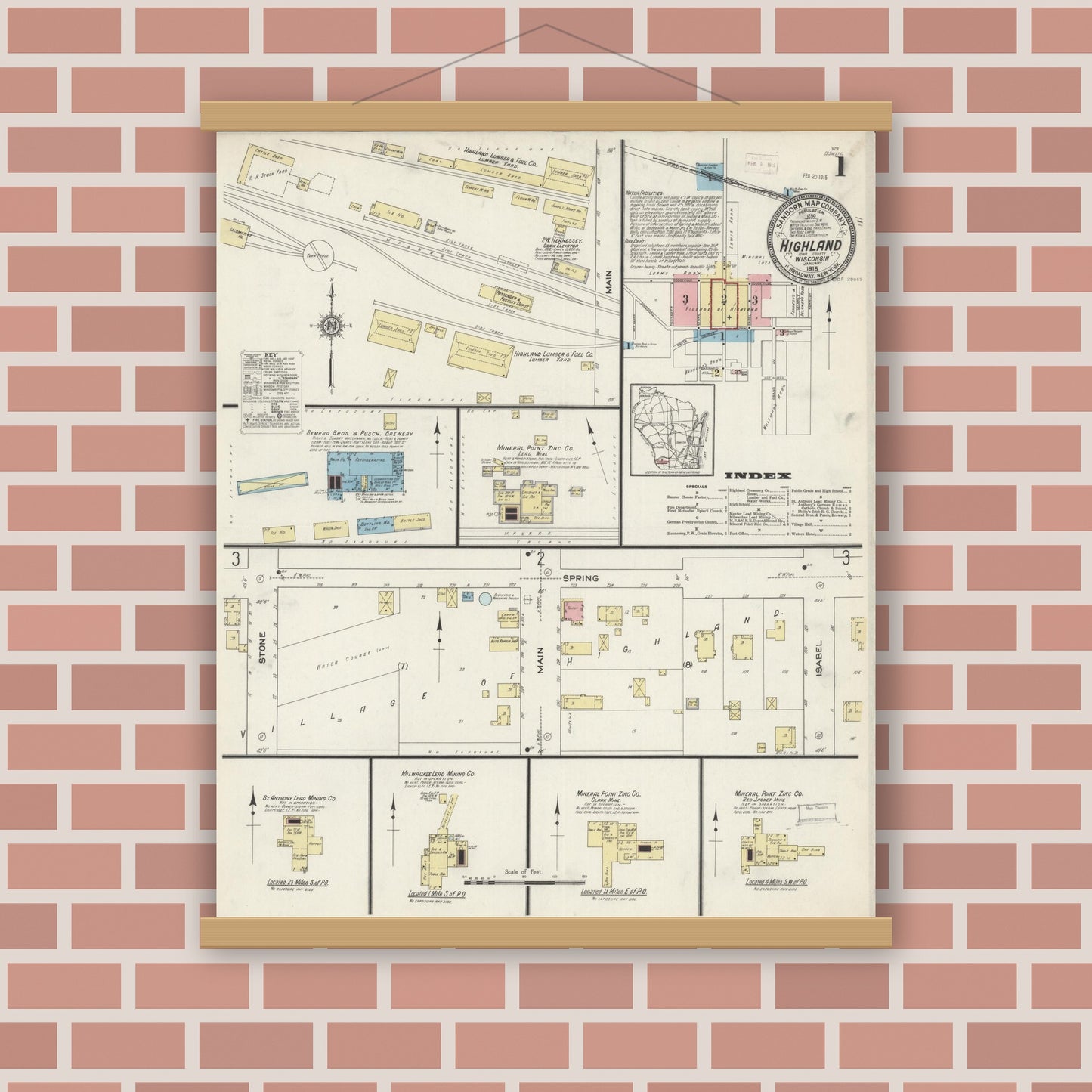 Old map wall art mockup — magnetic wood frame on brick wall — Sanborn Fire Insurance Map from Highland, Iowa County, Wisconsin (1915) - Complete Map Set