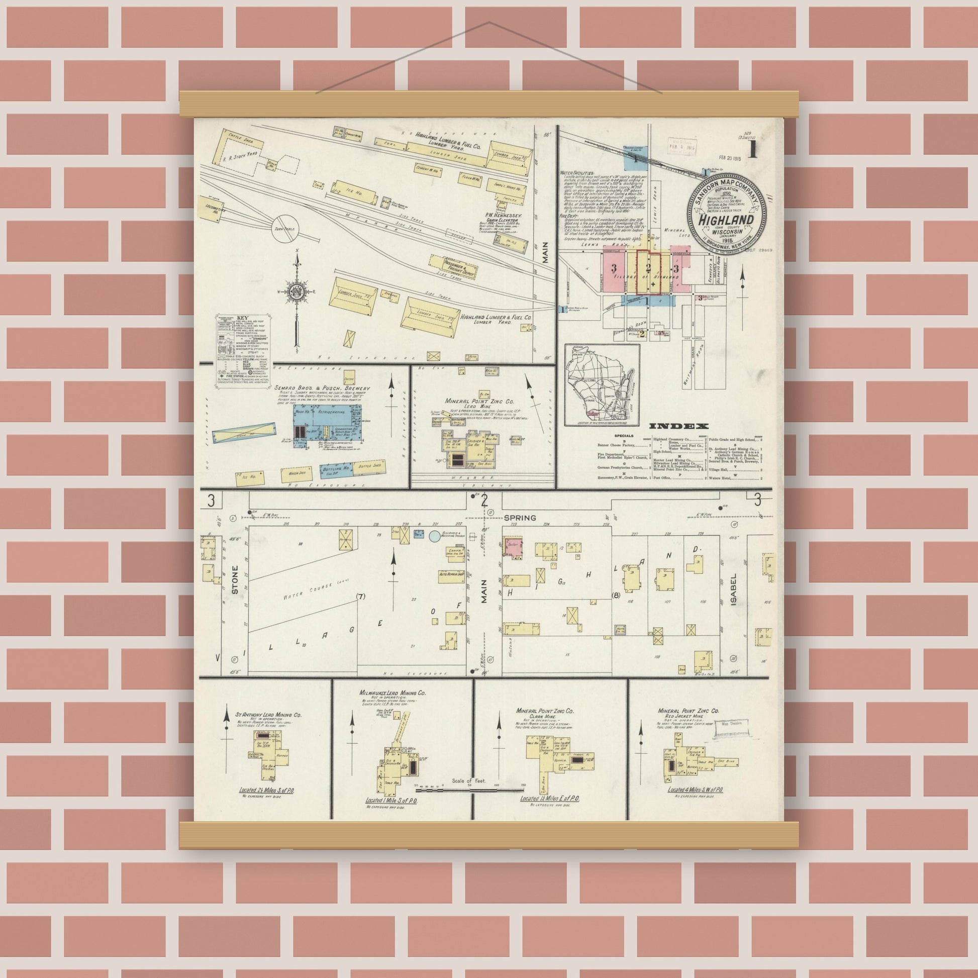 Old map wall art mockup — magnetic wood frame on brick wall — Sanborn Fire Insurance Map from Highland, Iowa County, Wisconsin (1915) - Complete Map Set