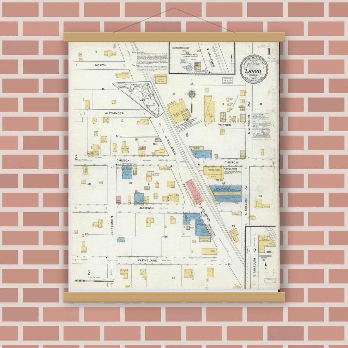 Old map wall art mockup — magnetic wood frame on brick wall — Sanborn Fire Insurance Map from Largo, Pinellas County, Florida (1917) - Complete Map Set
