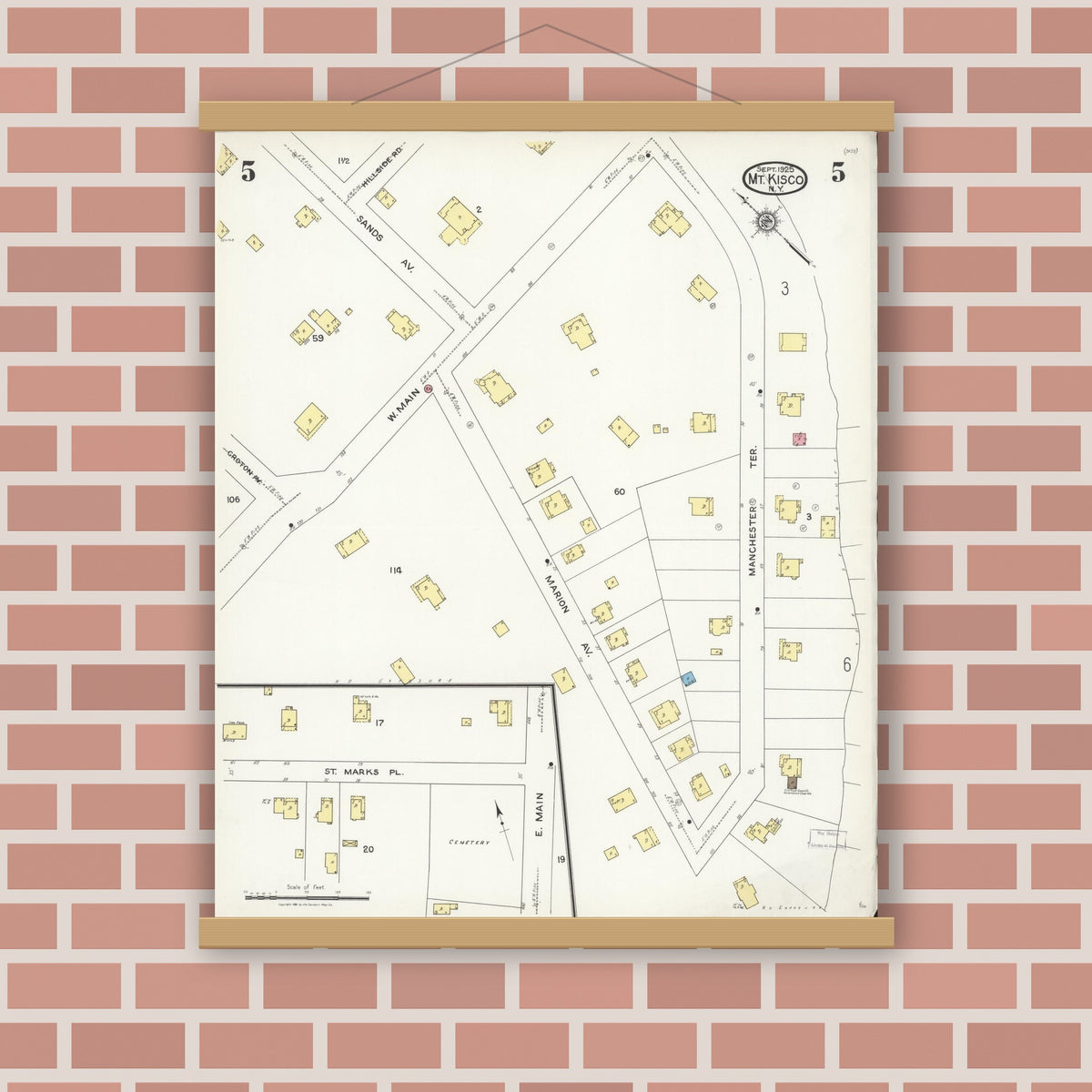 Old map wall art mockup — magnetic wood frame on brick wall — Sanborn Fire Insurance Map from Mount Kisco, Westchester County, New York (1925), Sheet #0005