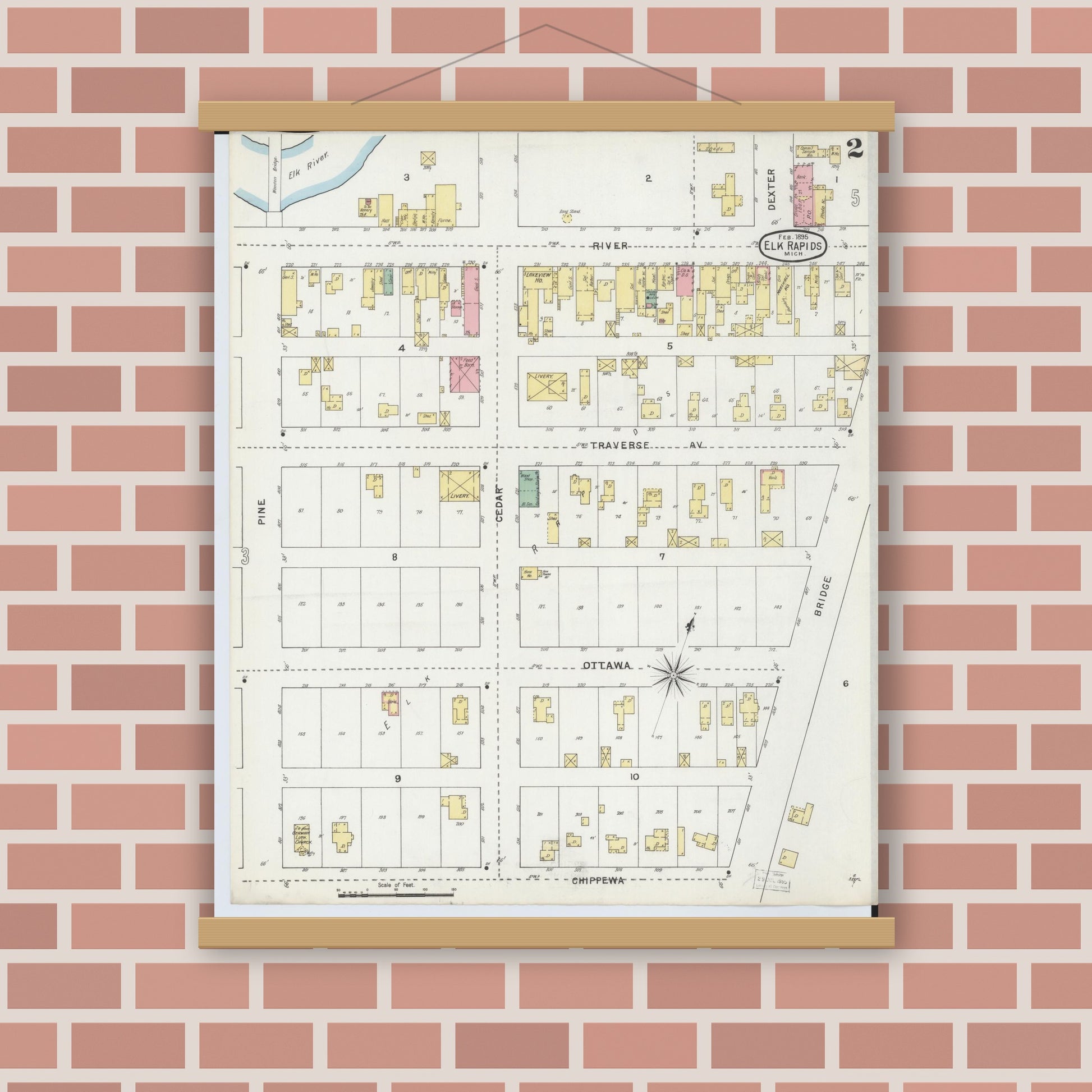 Old map wall art mockup — magnetic wood frame on brick wall — Sanborn Fire Insurance Map from Elk Rapids, Antrim County, Michigan (1895), Sheet #0002