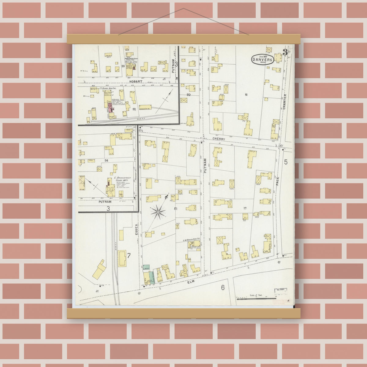 Old map wall art mockup — magnetic wood frame on brick wall — Sanborn Fire Insurance Map from Danvers, Essex County, Massachusetts (1897), Sheet #0003