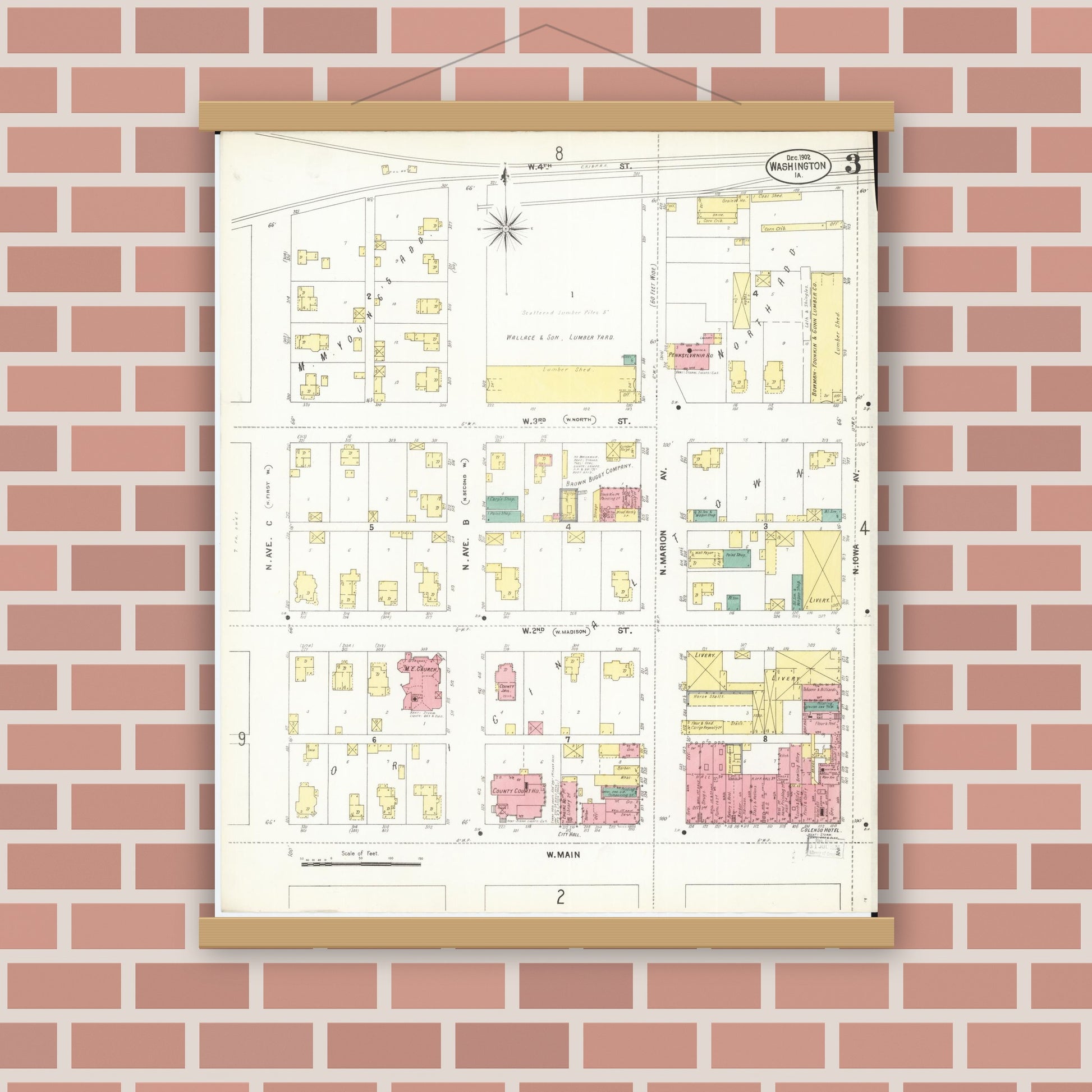 Old map wall art mockup — magnetic wood frame on brick wall — Sanborn Fire Insurance Map from Washington, Washington County, Iowa (1902), Sheet #0003
