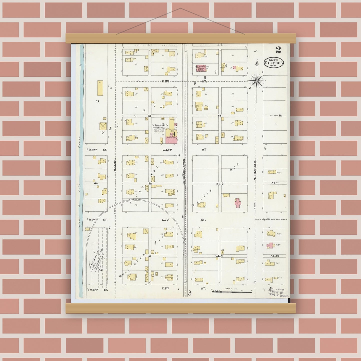 Old map wall art mockup — magnetic wood frame on brick wall — Sanborn Fire Insurance Map from Delphos, Van Wert And Allen Counties, Ohio (1904), Sheet #0002