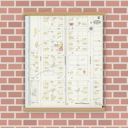 Old map wall art mockup — magnetic wood frame on brick wall — Sanborn Fire Insurance Map from Delphos, Van Wert And Allen Counties, Ohio (1904), Sheet #0002