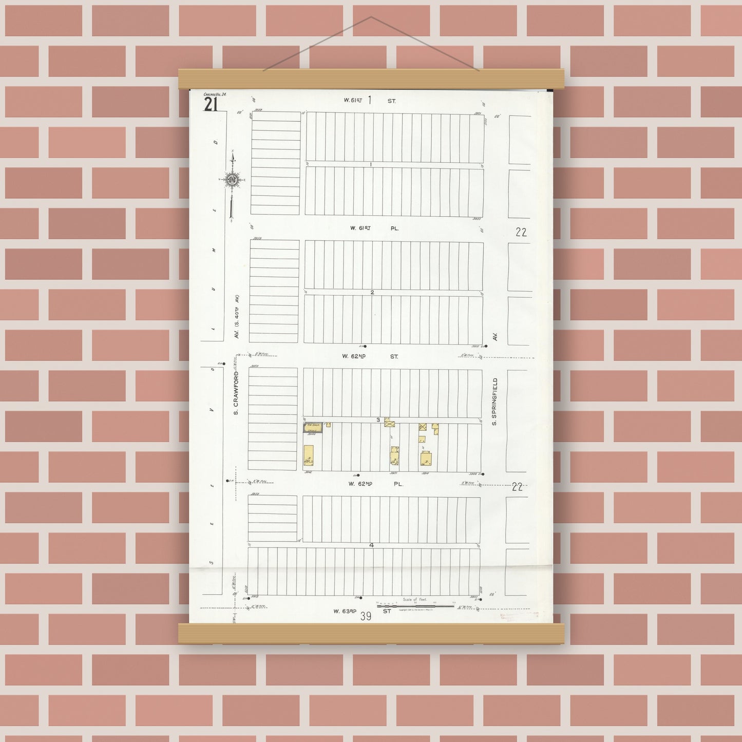 Old map wall art mockup — magnetic wood frame on brick wall — Sanborn Fire Insurance Map from Chicago, Cook County, Illinois (1920), Sheet #0021