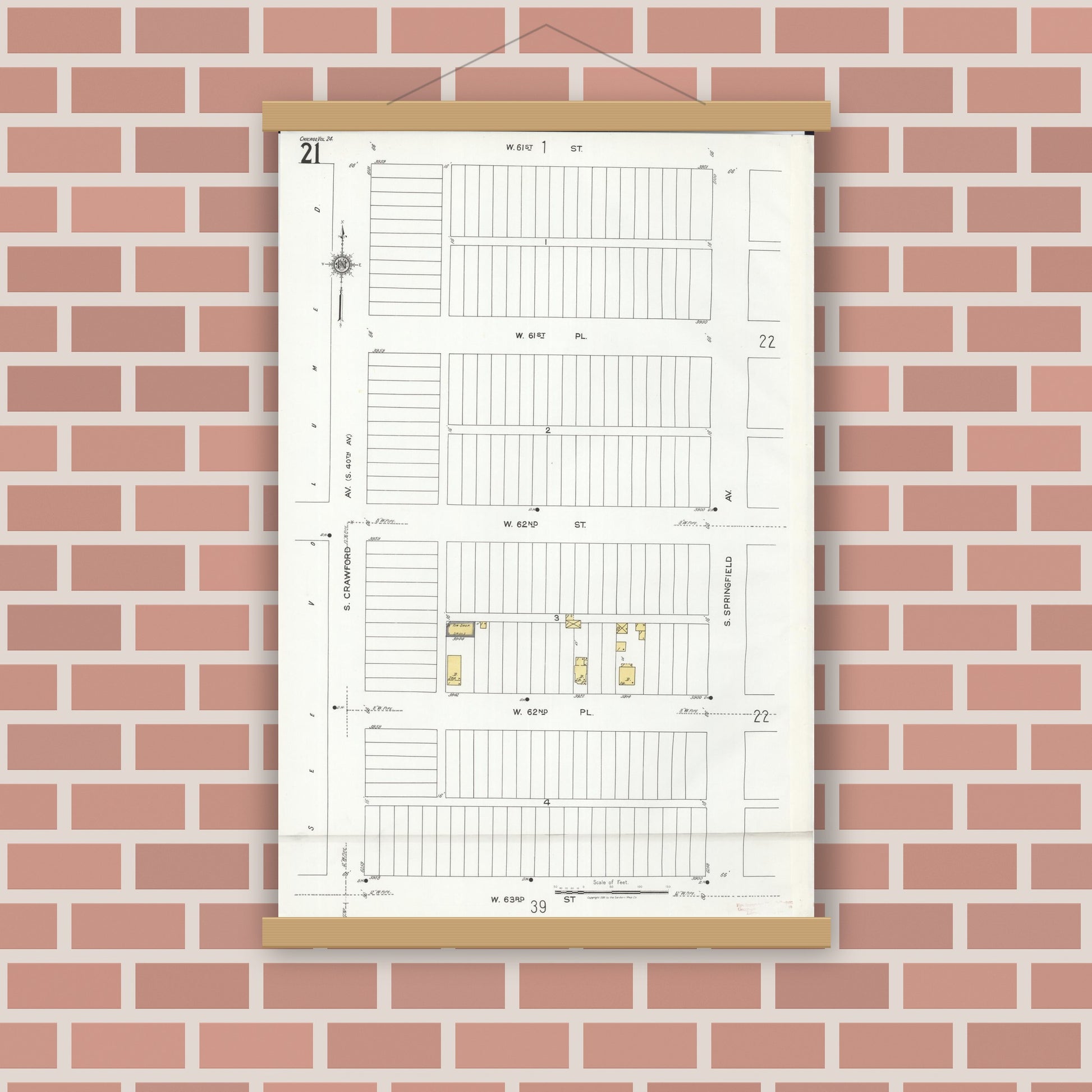 Old map wall art mockup — magnetic wood frame on brick wall — Sanborn Fire Insurance Map from Chicago, Cook County, Illinois (1920), Sheet #0021