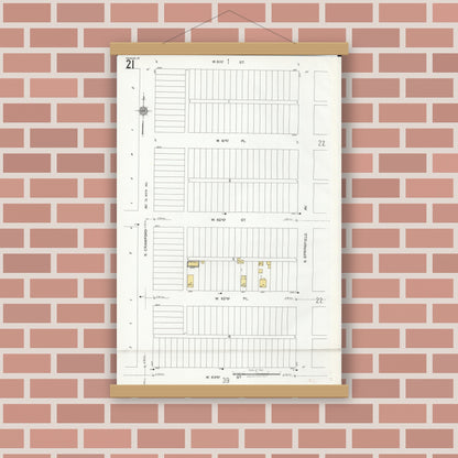 Old map wall art mockup — magnetic wood frame on brick wall — Sanborn Fire Insurance Map from Chicago, Cook County, Illinois (1920), Sheet #0021