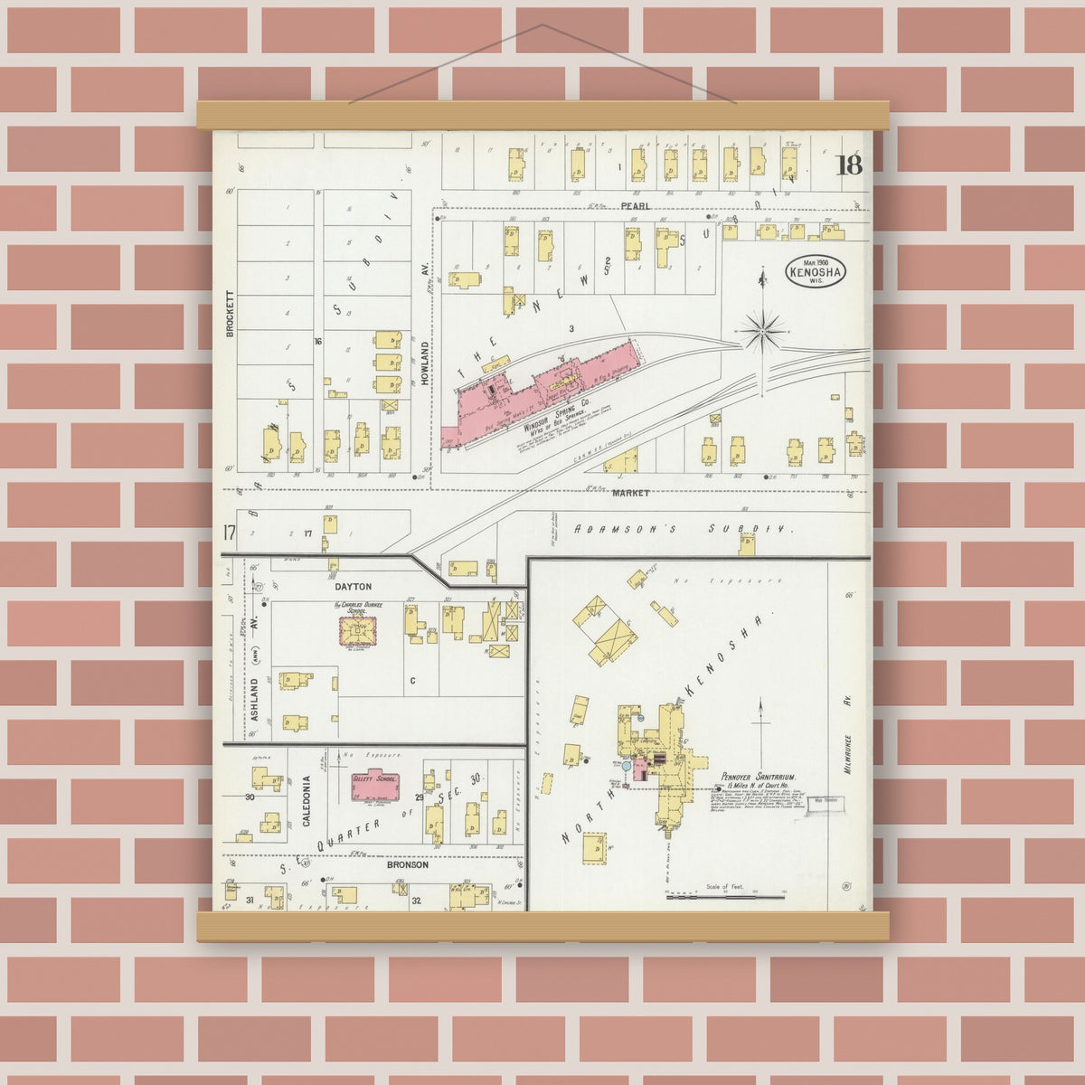Old map wall art mockup — magnetic wood frame on brick wall — Sanborn Fire Insurance Map from Kenosha, Kenosha County, Wisconsin (1900), Sheet #0018