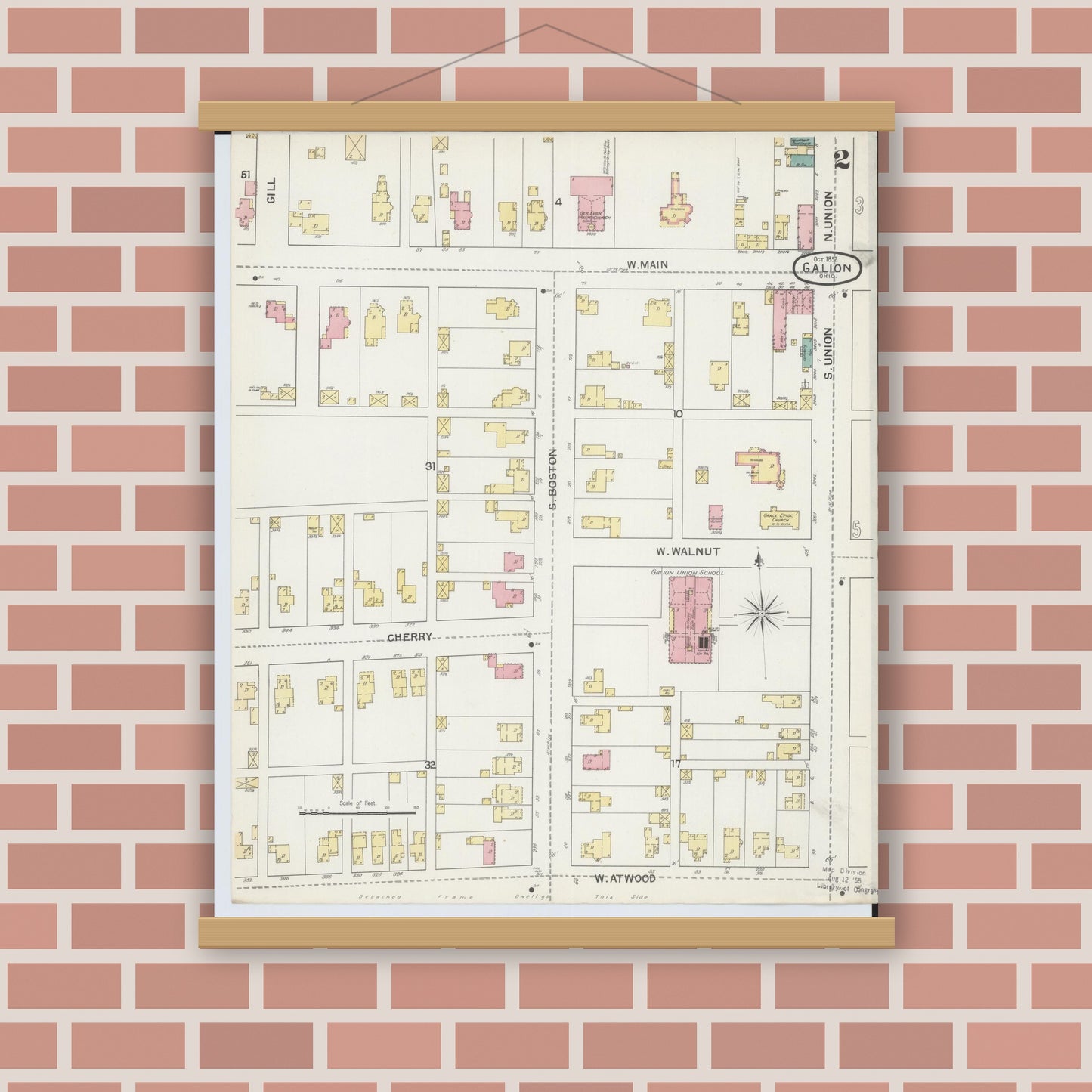 Old map wall art mockup — magnetic wood frame on brick wall — Sanborn Fire Insurance Map from Galion, Crawford County, Ohio (1892), Sheet #0002